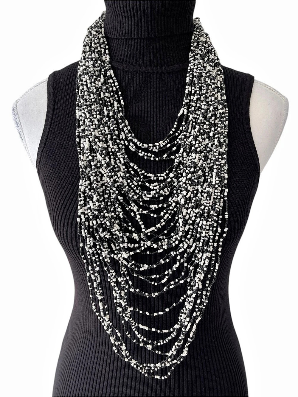 Black & White Handmade Layered Beaded Necklace Like New